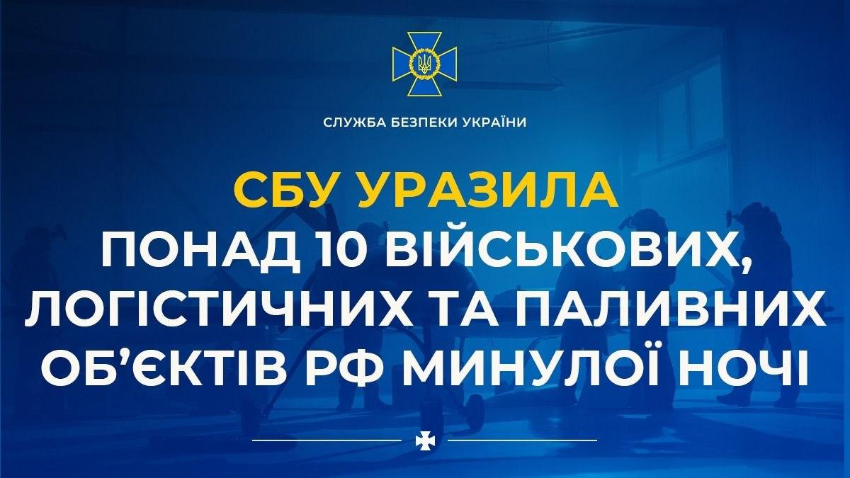 СБУ уразила понад 10 військових, логістичних та паливних об’єктів РФ за одну ніч