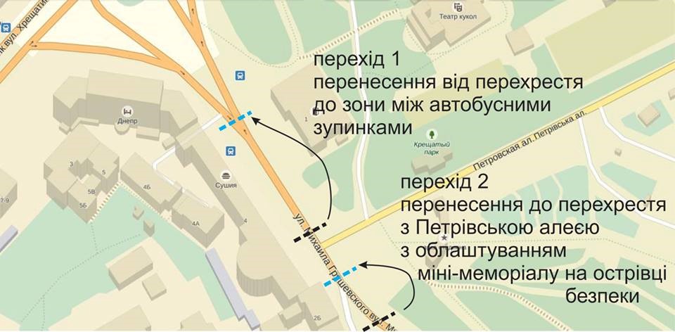 Схема возможной реорганизации наземных переходов внизу улицы Грушевского
