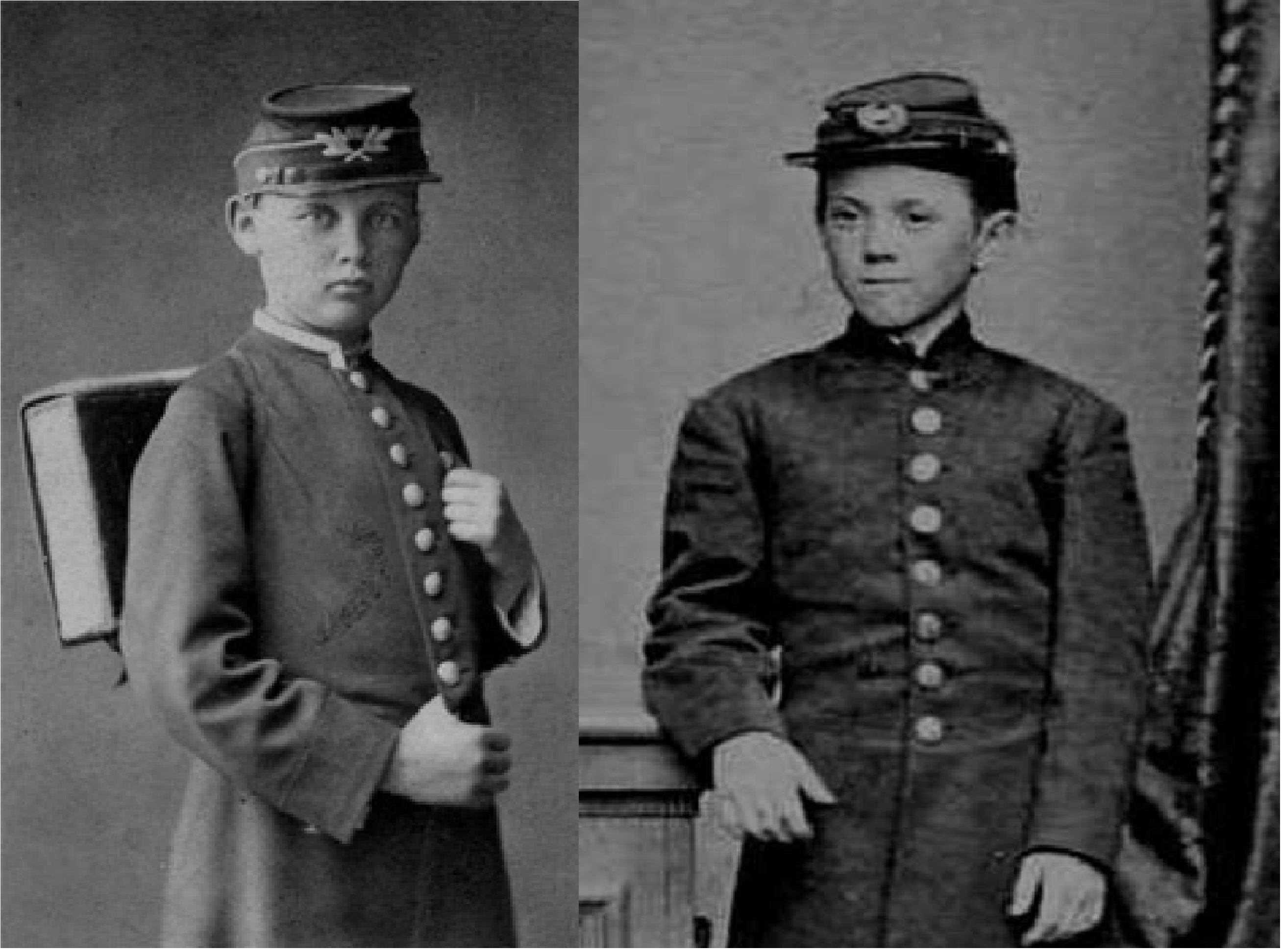 Слева гимназист мужской гимназии Рубинской в форме образца 1868-1871 годов  Справа барабанщик 18-го пехотного полка США Джимми Дойл, раненный в 1863 году в Коннектикуте