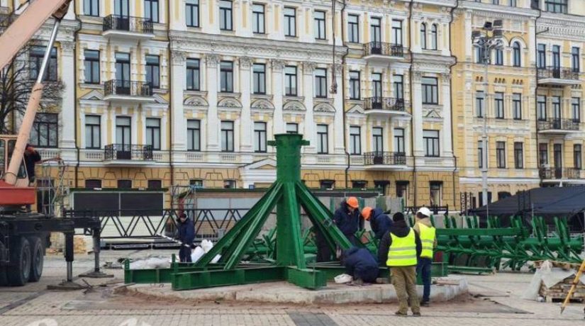 На Софийской площади начали устанавливать новогоднюю елку