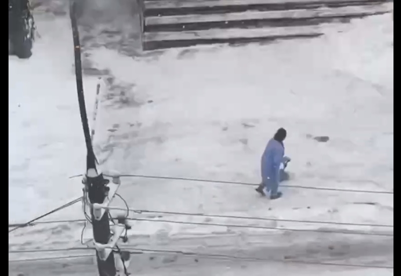 Швабра з ганчіркою проти снігу. В Києві помітили креативну “прибиральницю” (ВІДЕО)