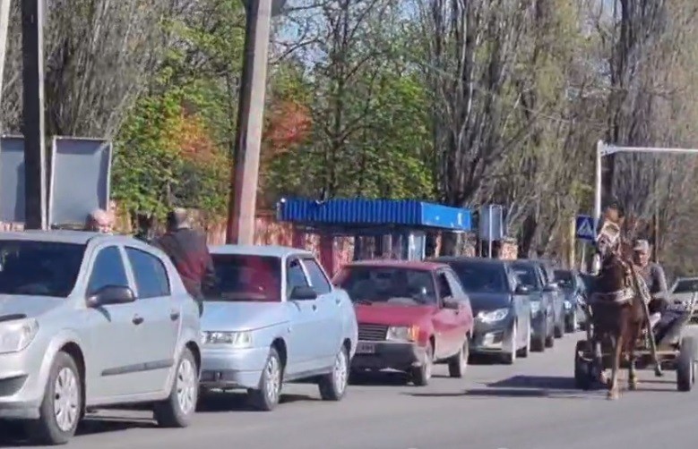 Відео дня. Чоловік на конячці обганяє чергу автівок за бензином в Києві
