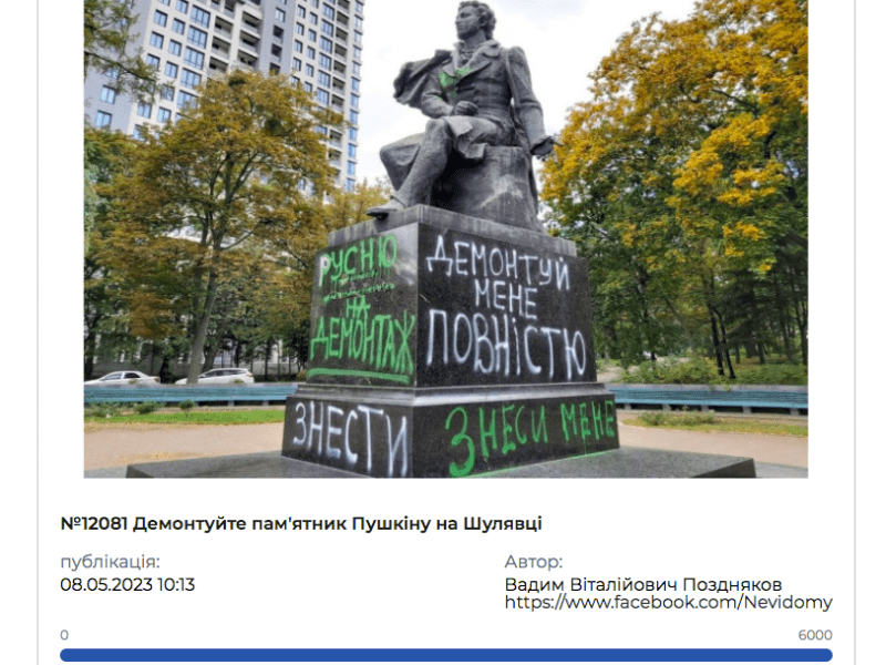 6000 підписів: Кияни вимагають у  місцевої влади негайно демонтувати Пушкіна на Шулявці