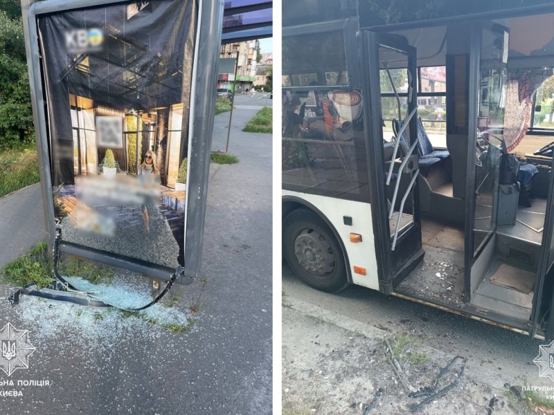 Вандали розтрощили зупинку та скло тролейбуса у Києві. Одному із них 15 років